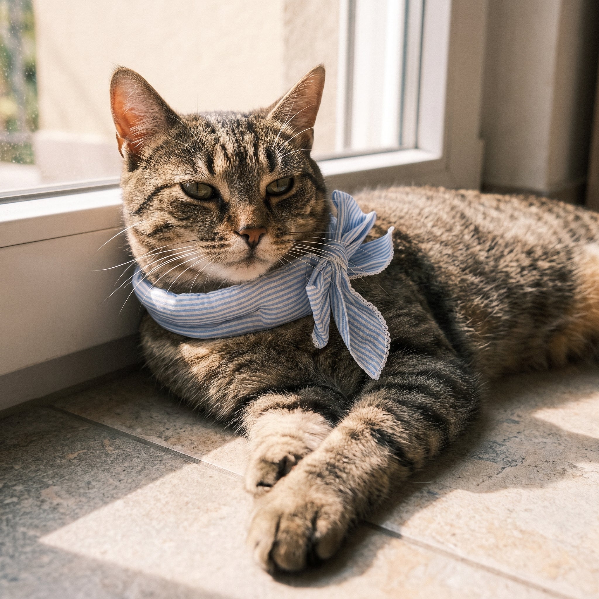 Bandana rafraîchissant porté par un chat allongé au frais