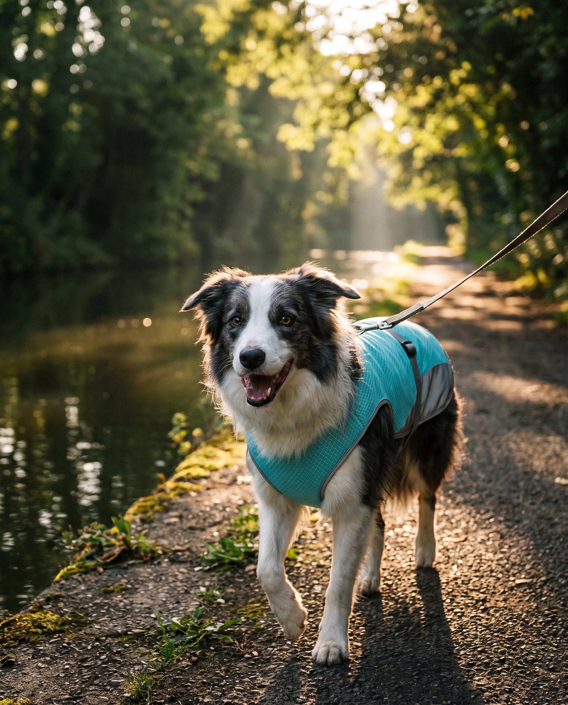 Border collie en balade avec le gilet rafraîchissant MuseauFrais