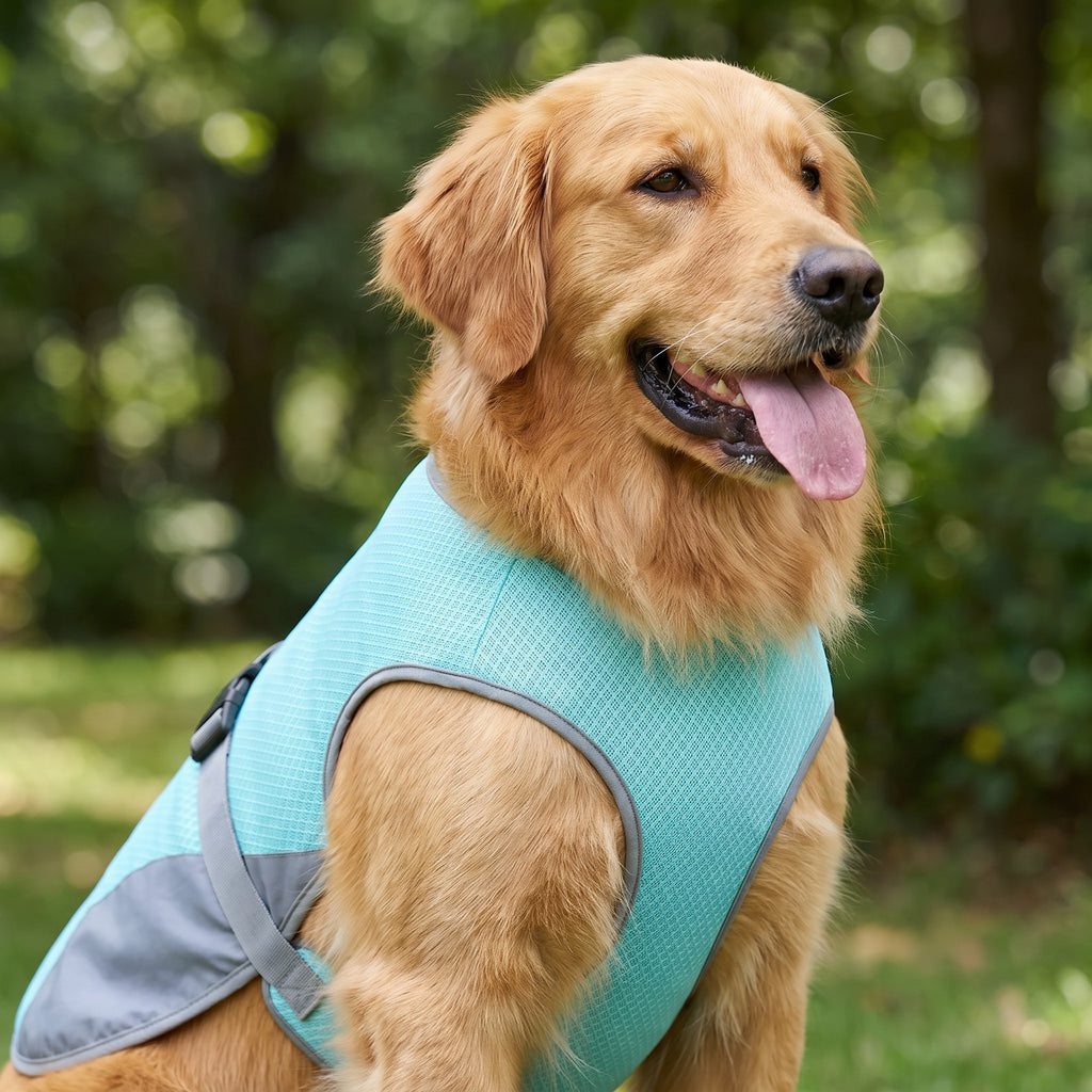 Golden retriever portant le gilet rafraîchissant MuseauFrais dans un jardin d'été